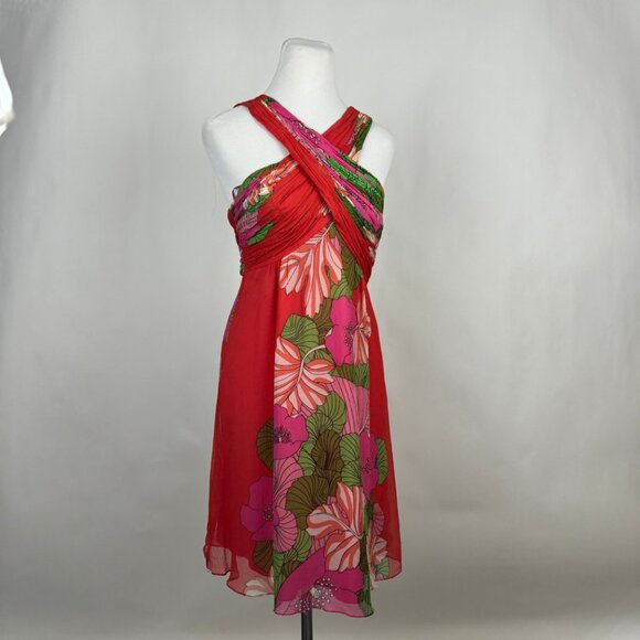 Tibi Orange Pink Chiffon Dress 6 Sleeveless Silk Floral Hibiscus Tropical Tiki - Picture 3 of 9